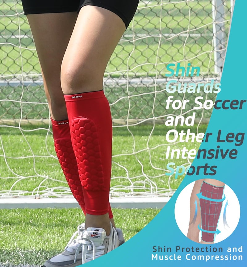 HiRui Soccer Shin Guards Shin Pads for Kids Youth Adult, Calf Compression Sleeve with Honeycomb Pads, Support for Shin Splint Baseball Boxing Kickboxing MTB, Lightweight(1PAIR)(Red, L) - Image 2